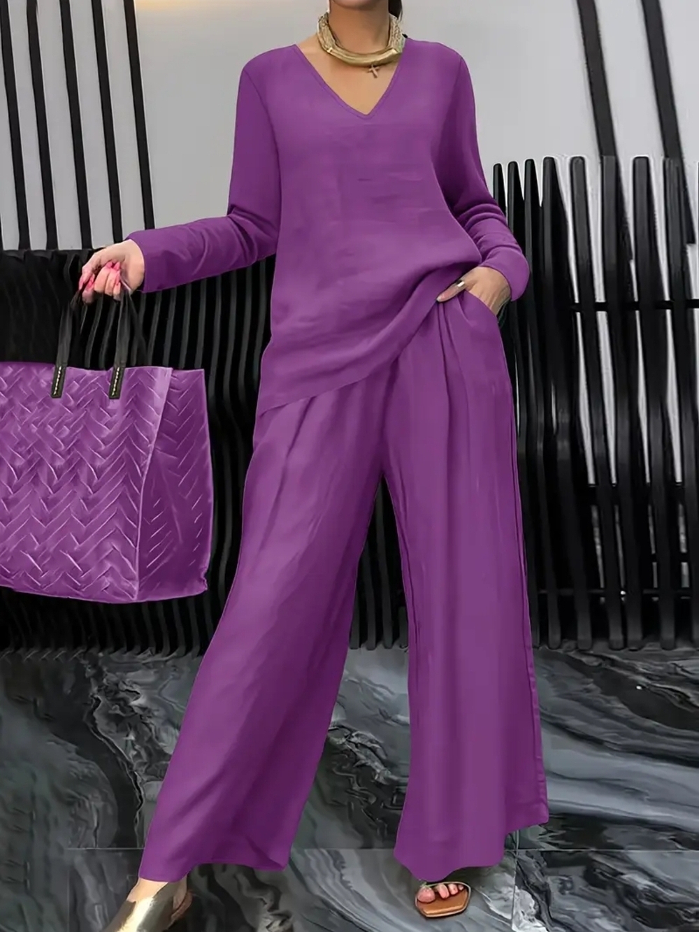 Purple V-Neck Long Sleeve Top & Wide-Leg Pants Set